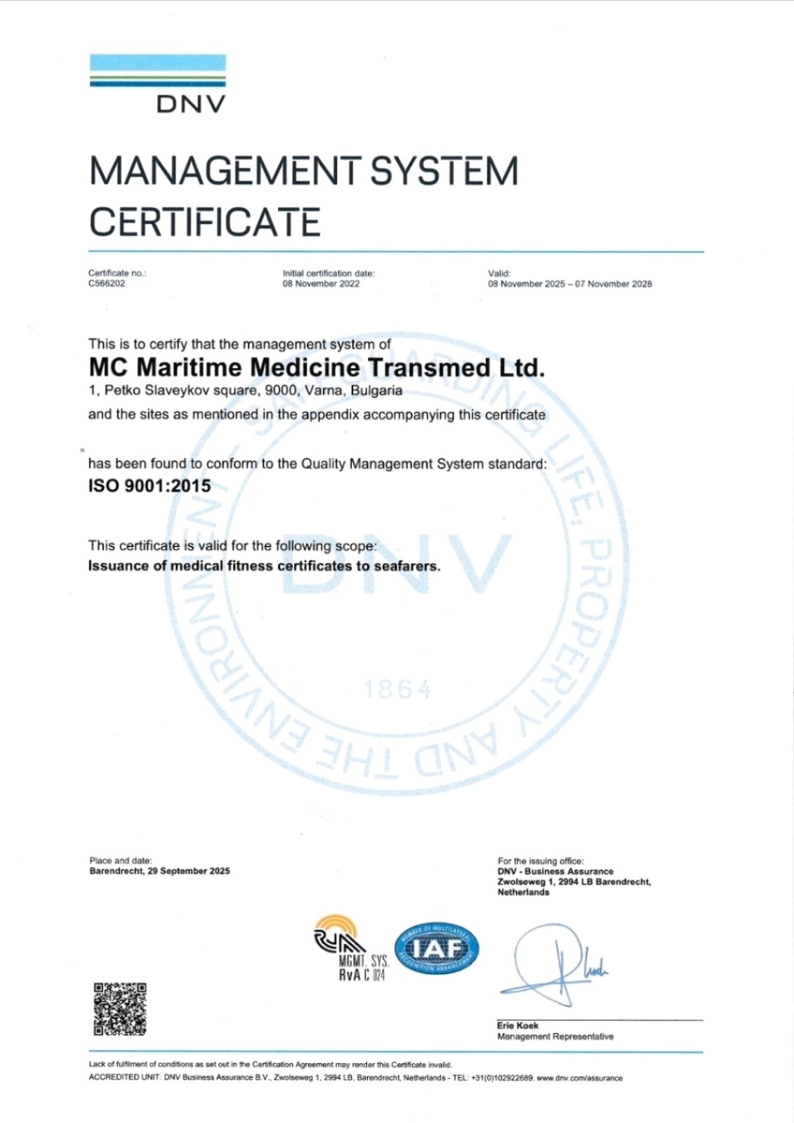 DNV ISO 9001:2015 Management System Certificate